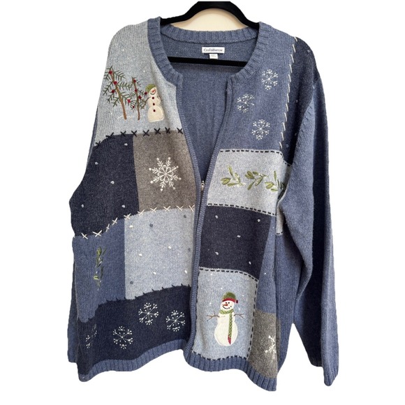 Croft & Barrow 3X Knit Zipper Sweater Cardigan Christmas Blue Snowflake Snowman - Picture 6 of 16